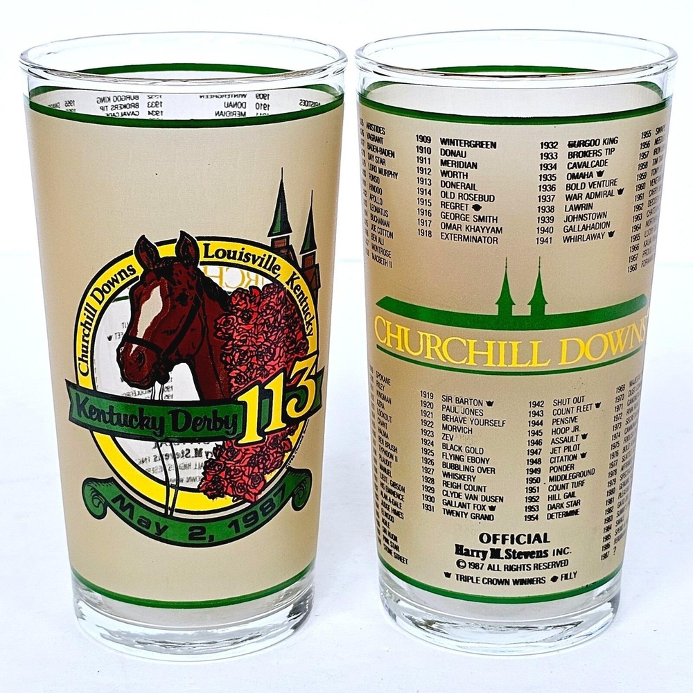 1987 Kentucky Derby 113 Churchill Downs Mint Julep Glasses Set of 2 Souvenir